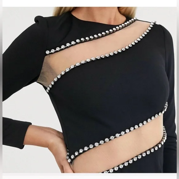 ASOS Design Black Long Sleeve Mesh and Rhinestone Bodycon dress - Picture 9 of 11
